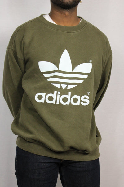 Adidas Cotton Unisex Branded Sweater Olive Green Size M-Sweaters & Hoodies-Bij Ons Vintage-M-Bij Ons Vintage