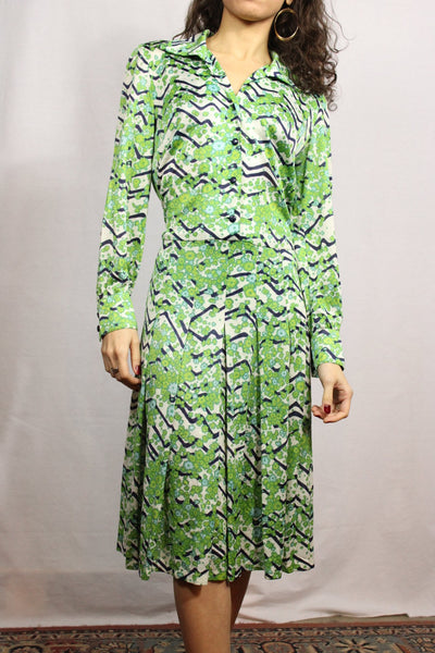 70's Polyester Women's Dress Green Size 36/38-Dresses & Jumpsuits-Bij Ons Vintage-36/38-Bij Ons Vintage